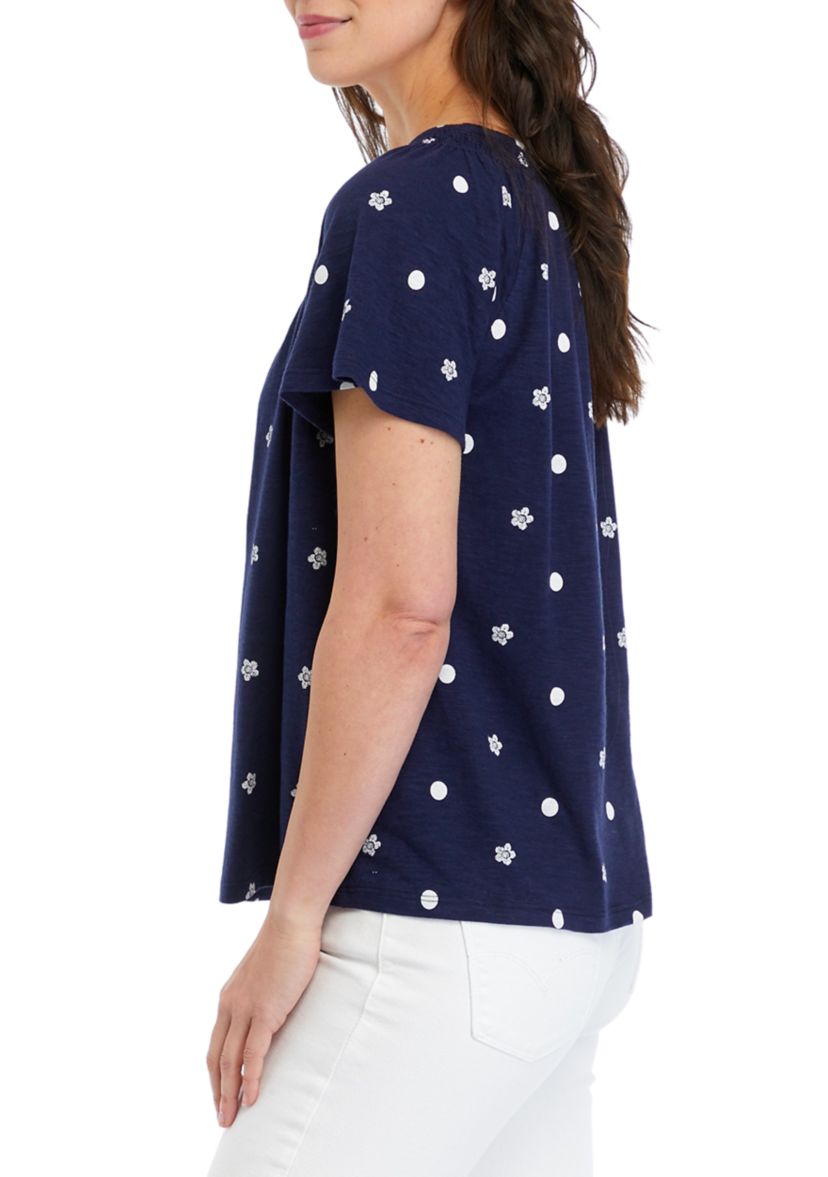 Petite Short Sleeve Smock Neck Printed Top