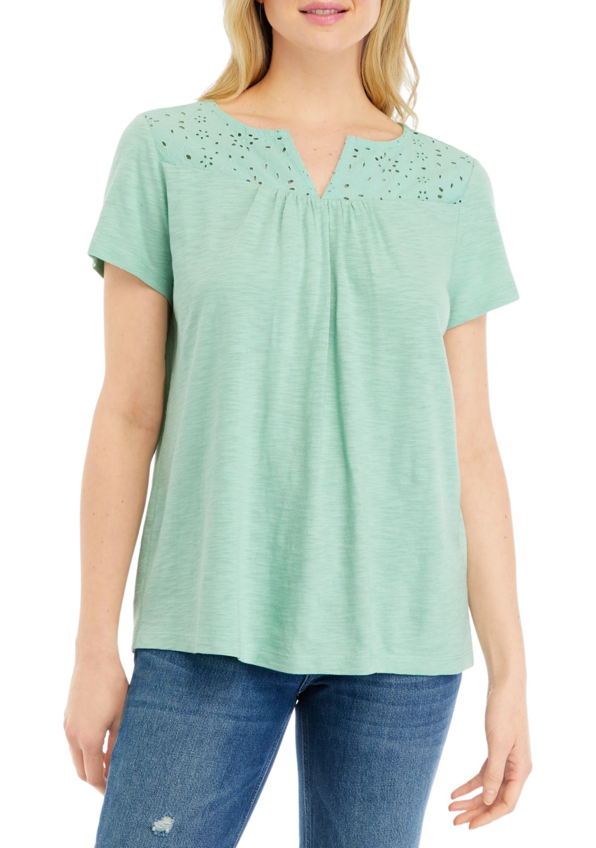 Petite Short Sleeve Eyelet Yoke Top 