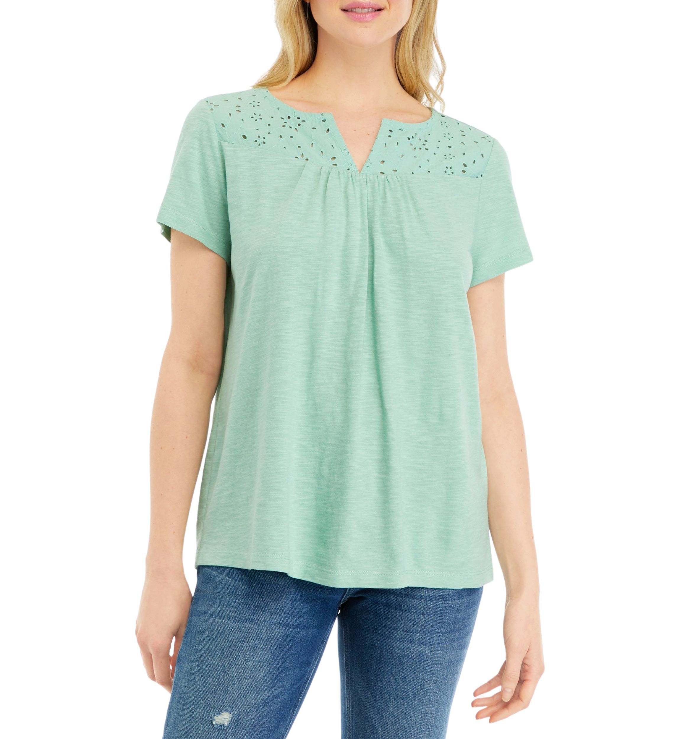 Petite Short Sleeve Eyelet Yoke Top 