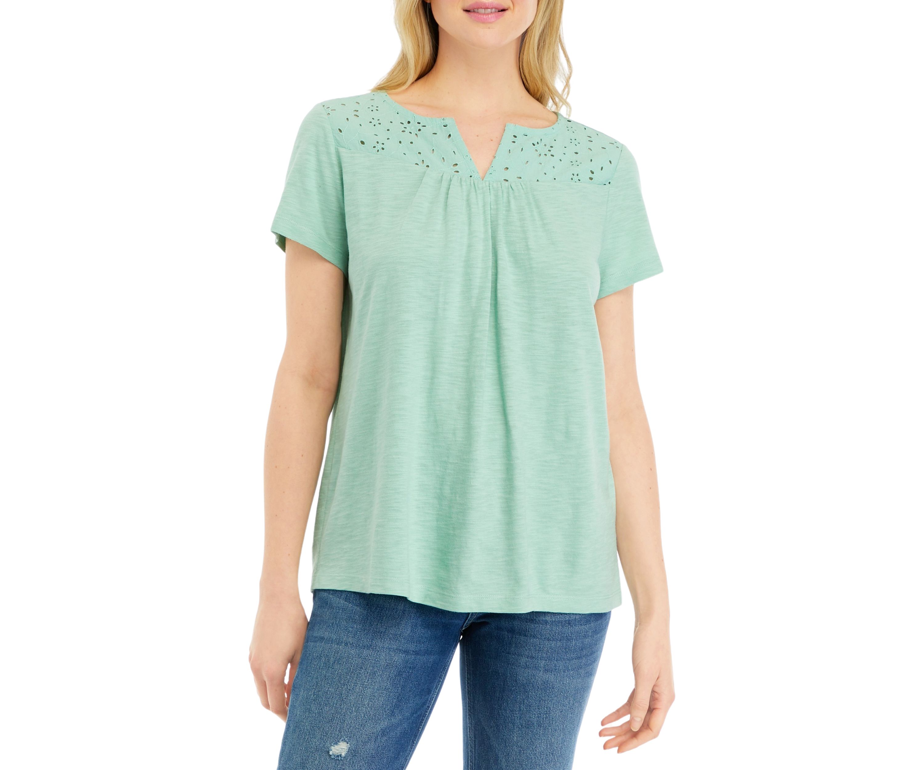 Petite Short Sleeve Eyelet Yoke Top 