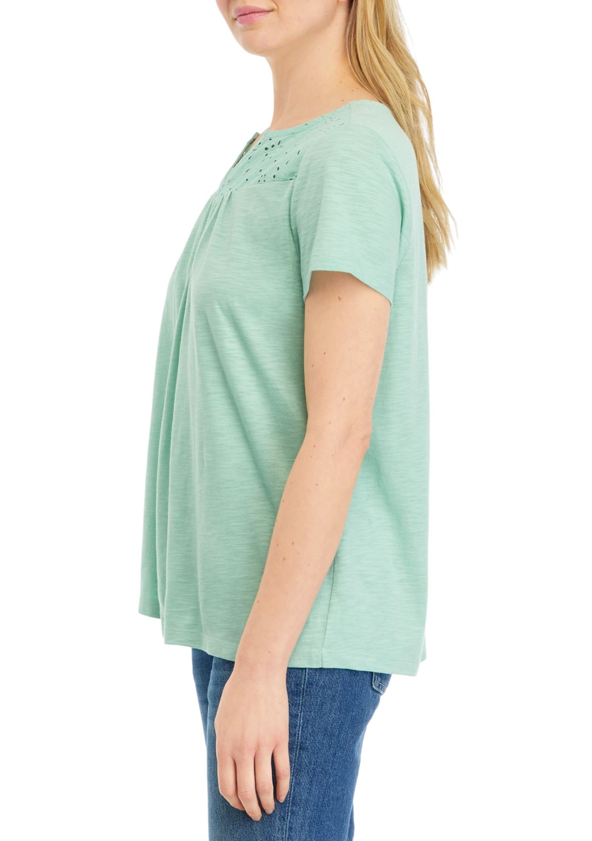 Petite Short Sleeve Eyelet Yoke Top 