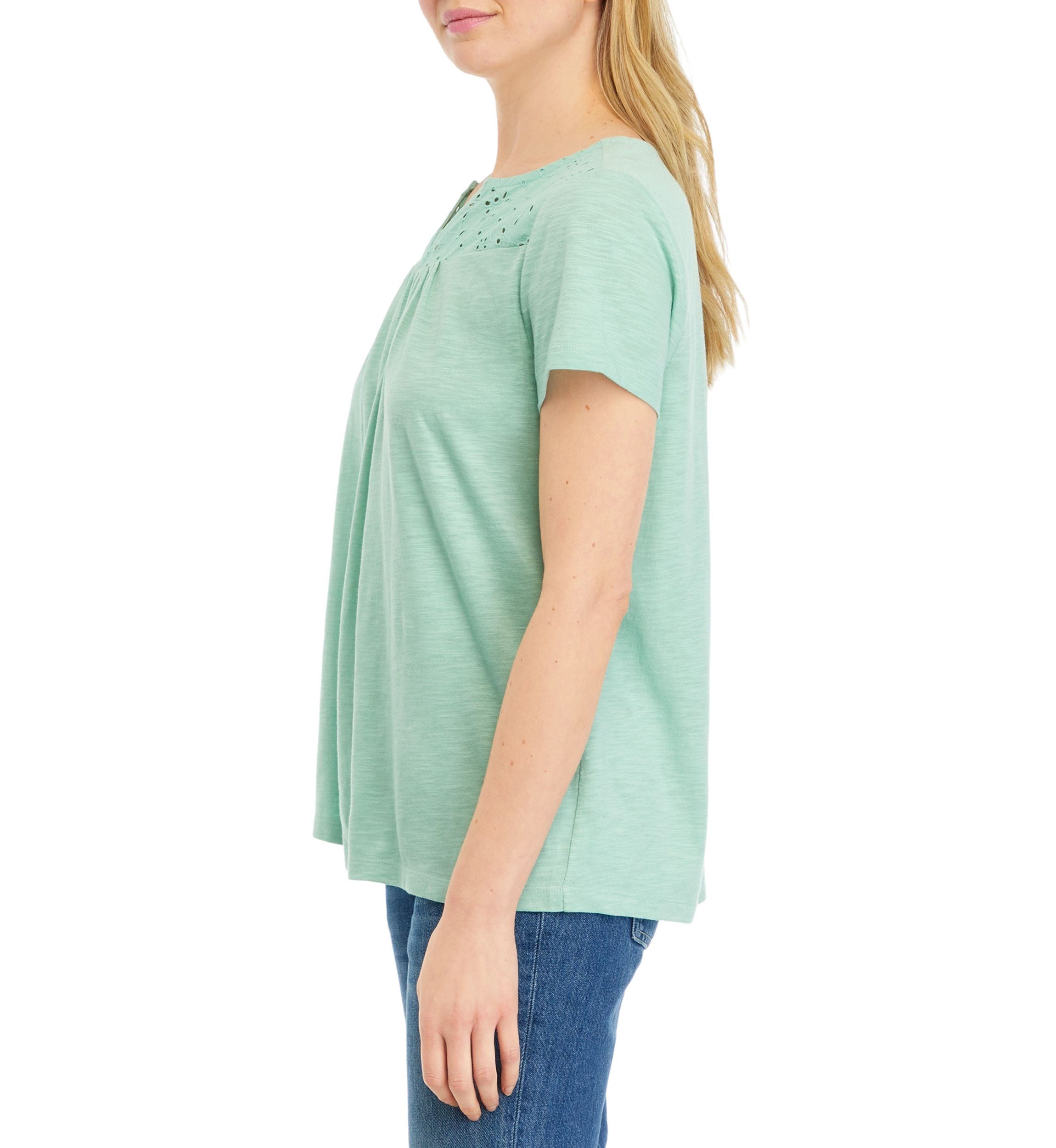 Petite Short Sleeve Eyelet Yoke Top 