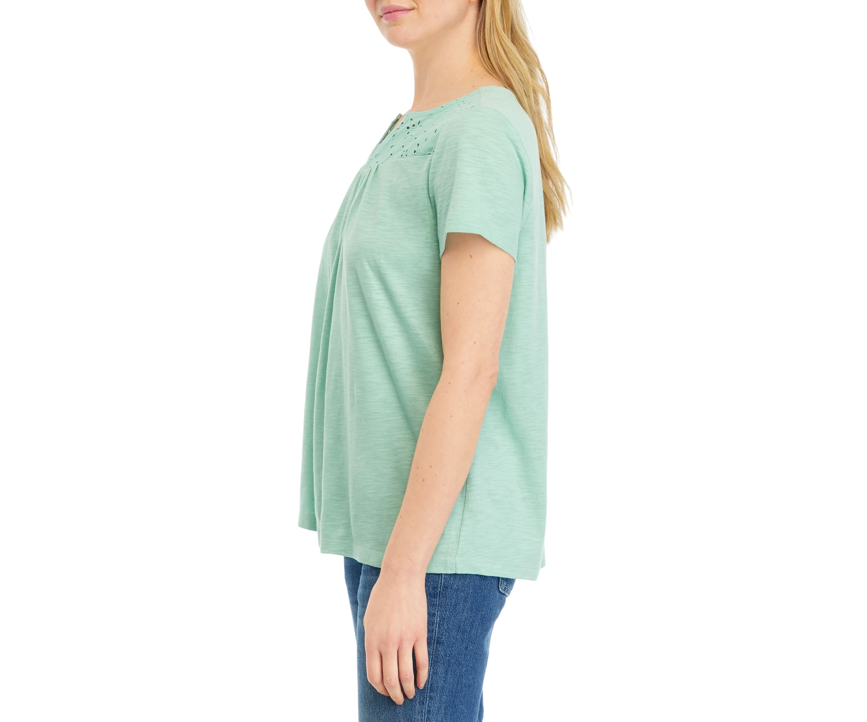 Petite Short Sleeve Eyelet Yoke Top 