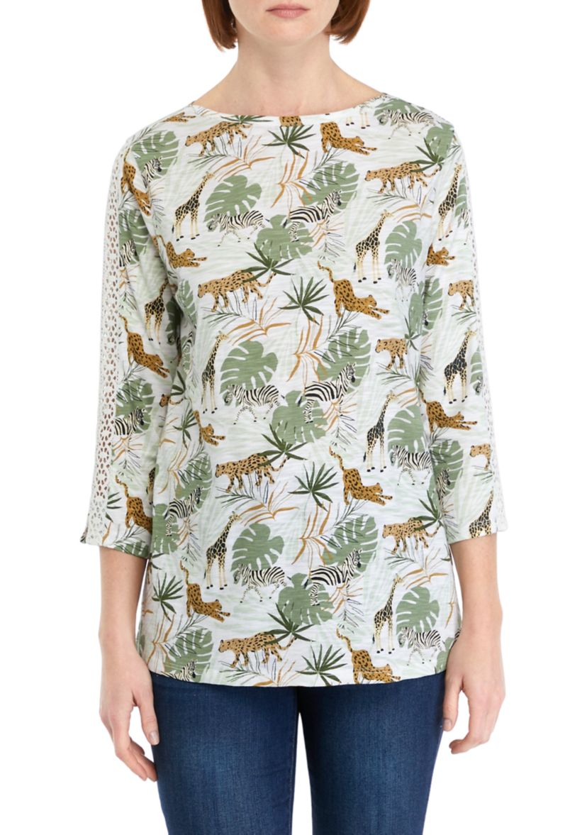 Womens 3/4 Sleeve Crochet Trim Printed T-Shirt