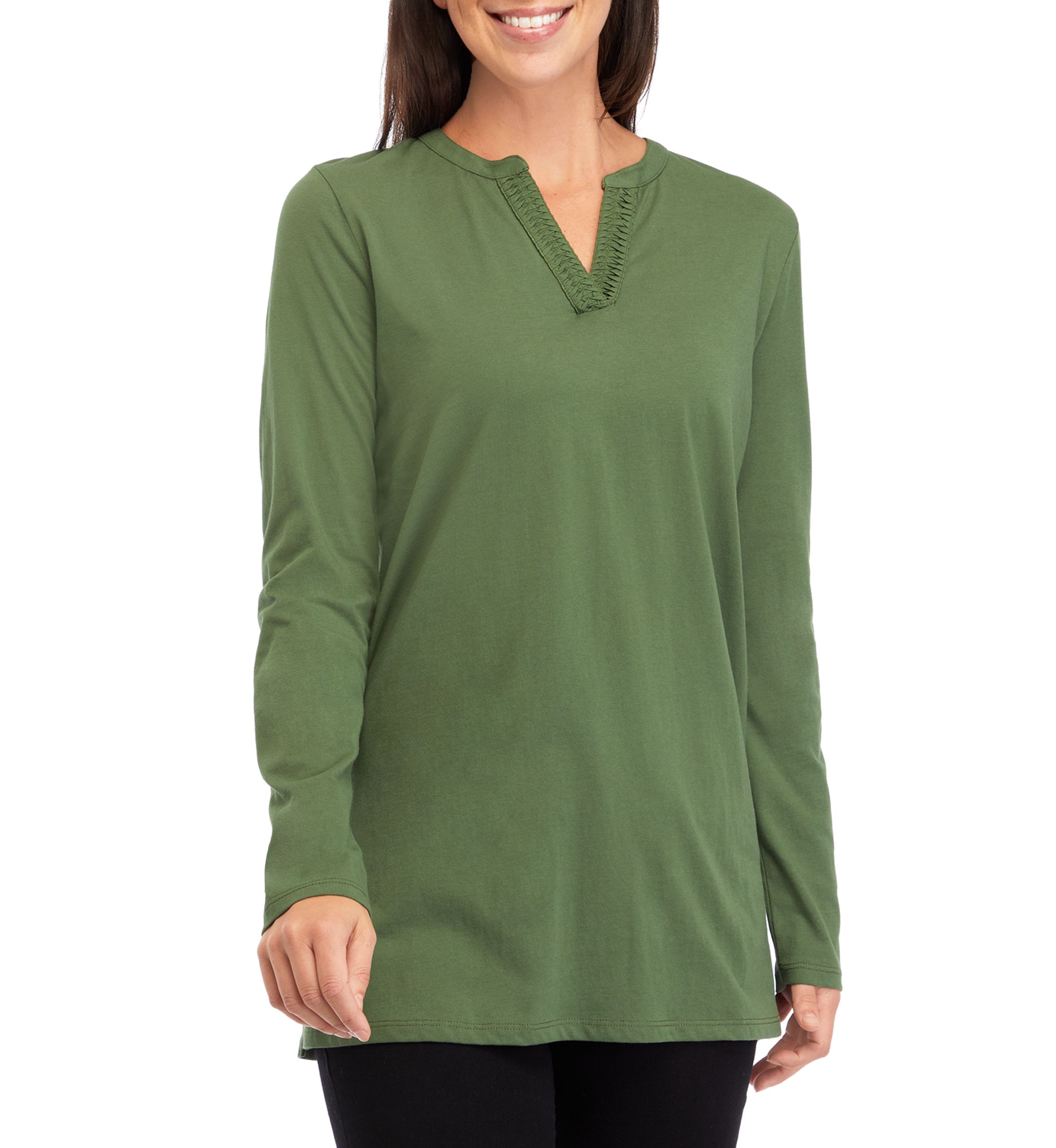 Womens Long Sleeve Split Neck Tunic Top