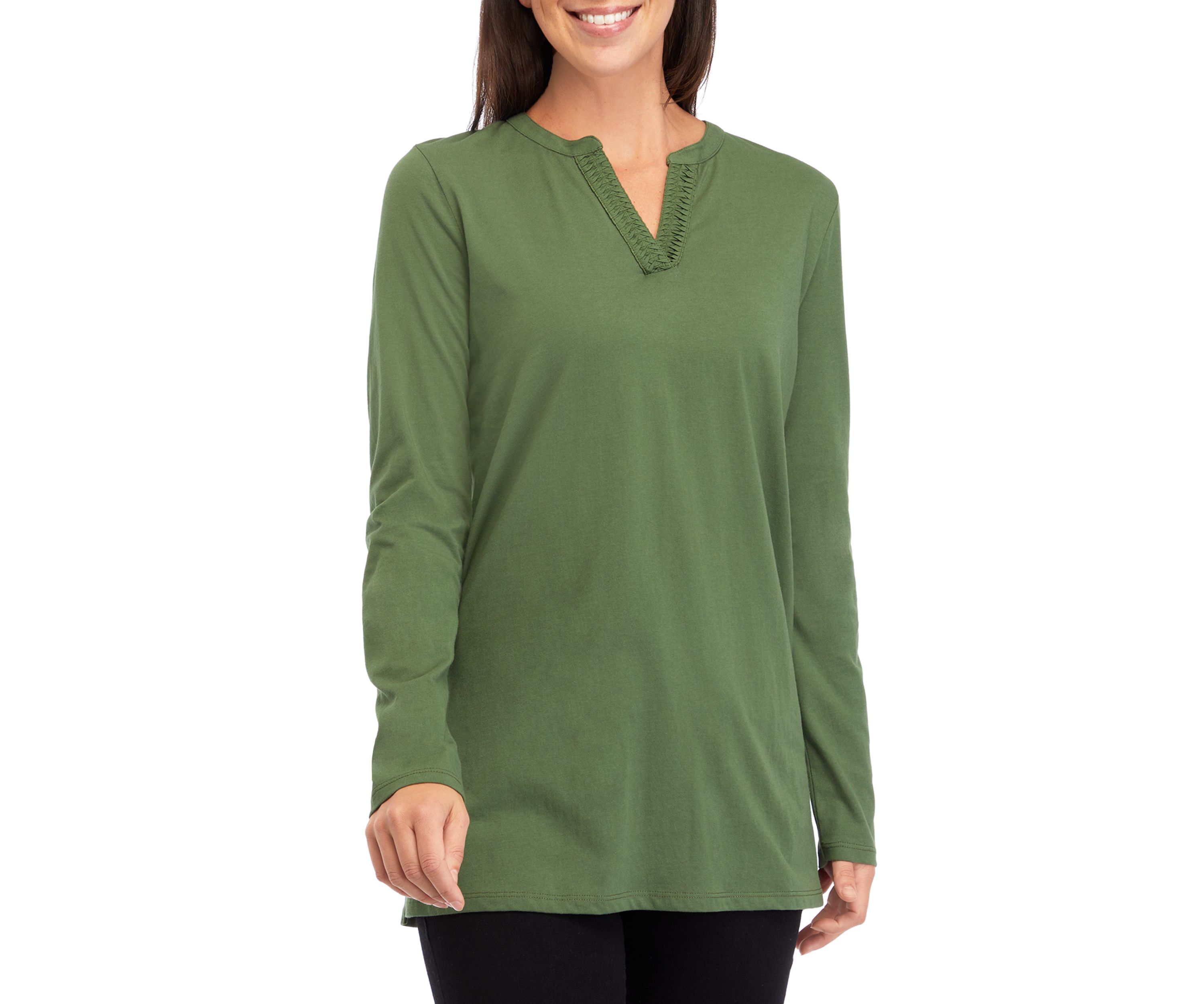 Womens Long Sleeve Split Neck Tunic Top