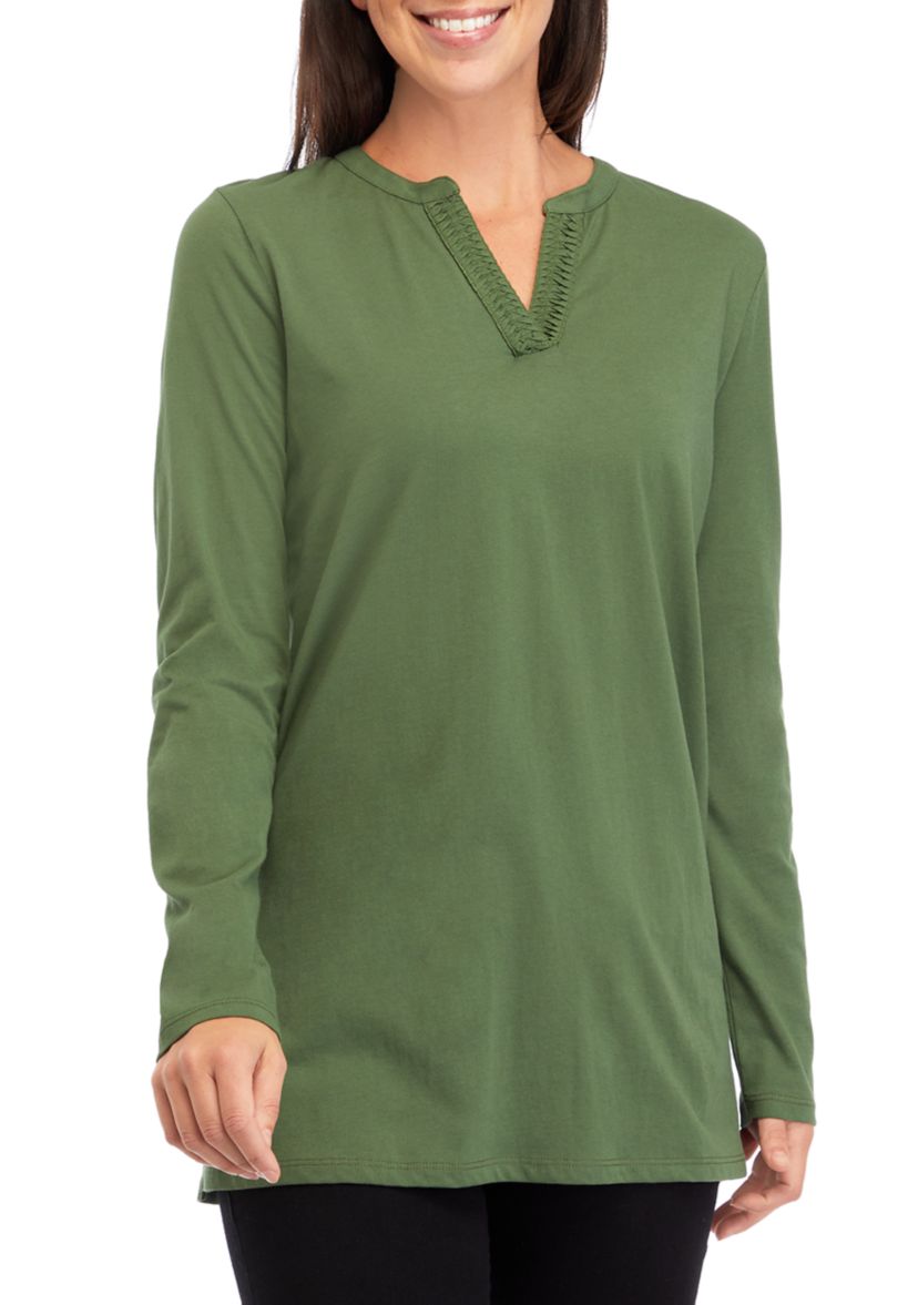 Womens Long Sleeve Split Neck Tunic Top