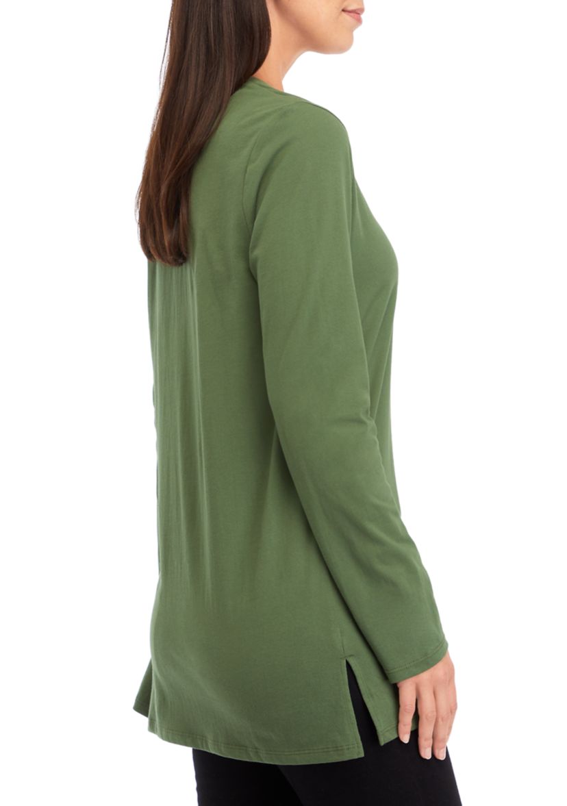 Womens Long Sleeve Split Neck Tunic Top
