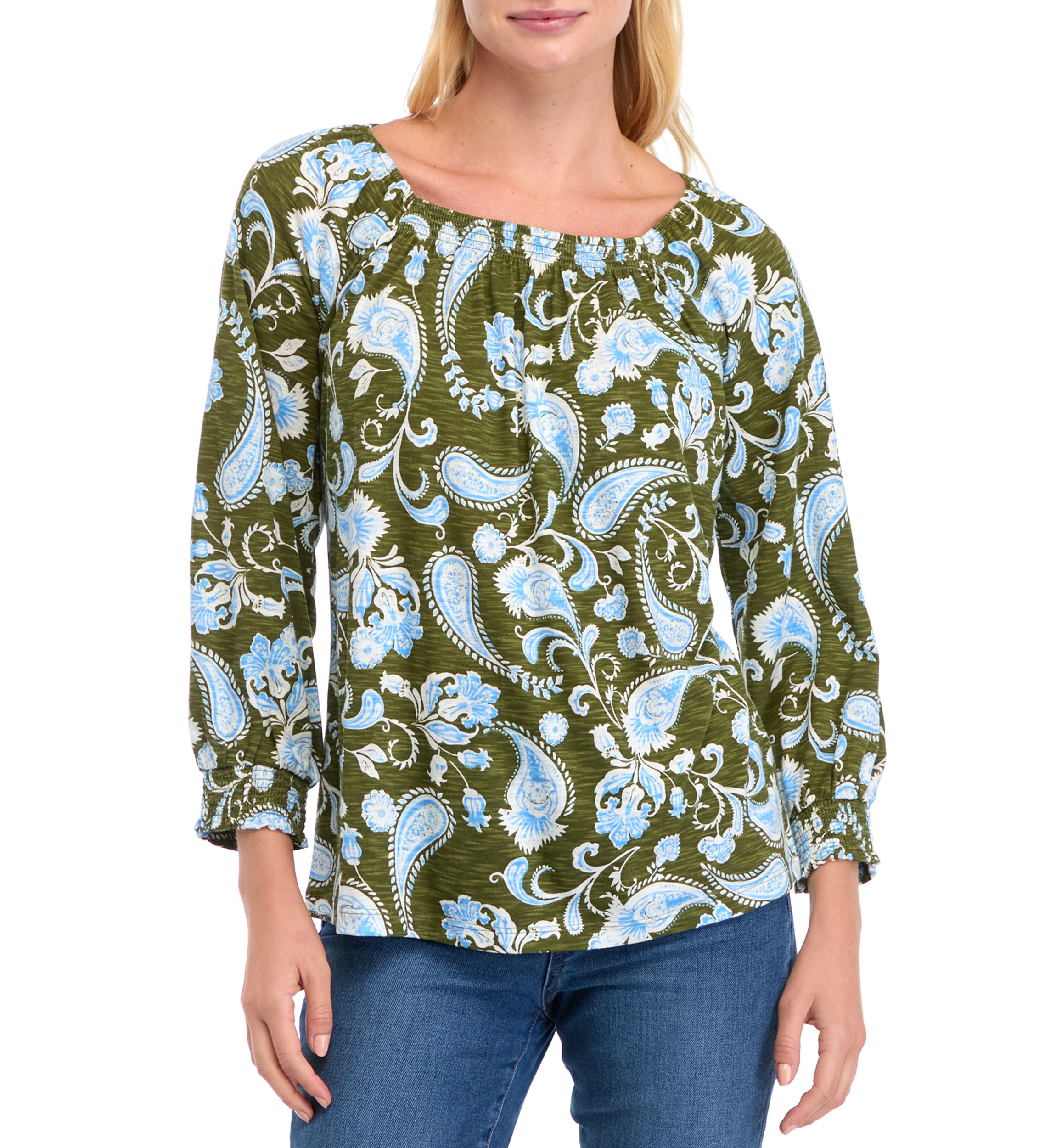 Womens 3/4 Sleeve Square Neck Printed Top 