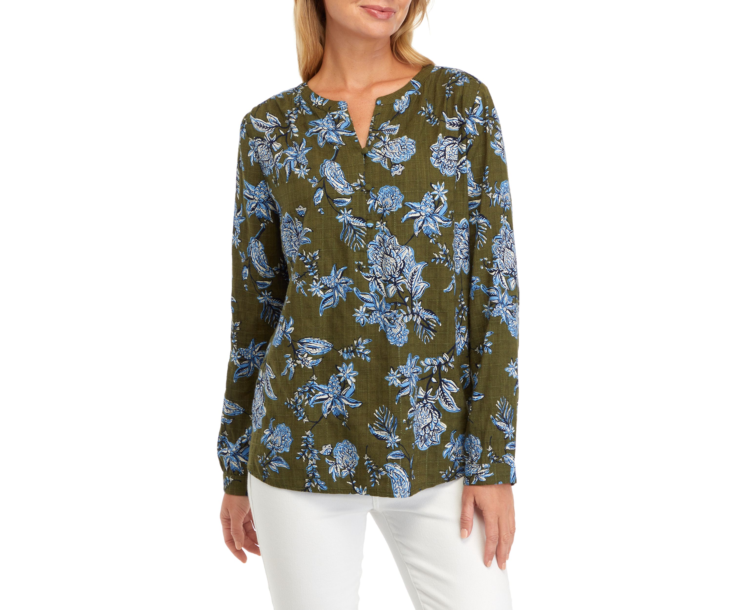 Womens Textured Printed Peasant Top