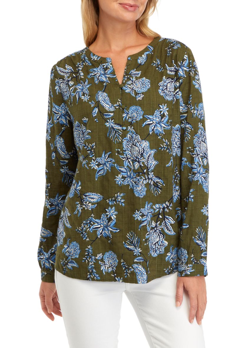Womens Textured Printed Peasant Top