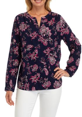 Kim Rogers Women's Textured Printed Peasant Top, Navy Blue, X-Large