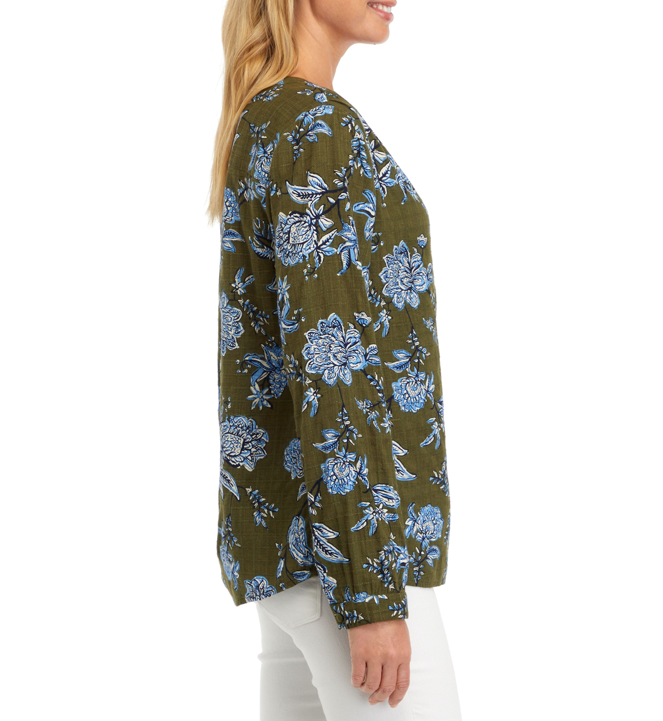 Womens Textured Printed Peasant Top
