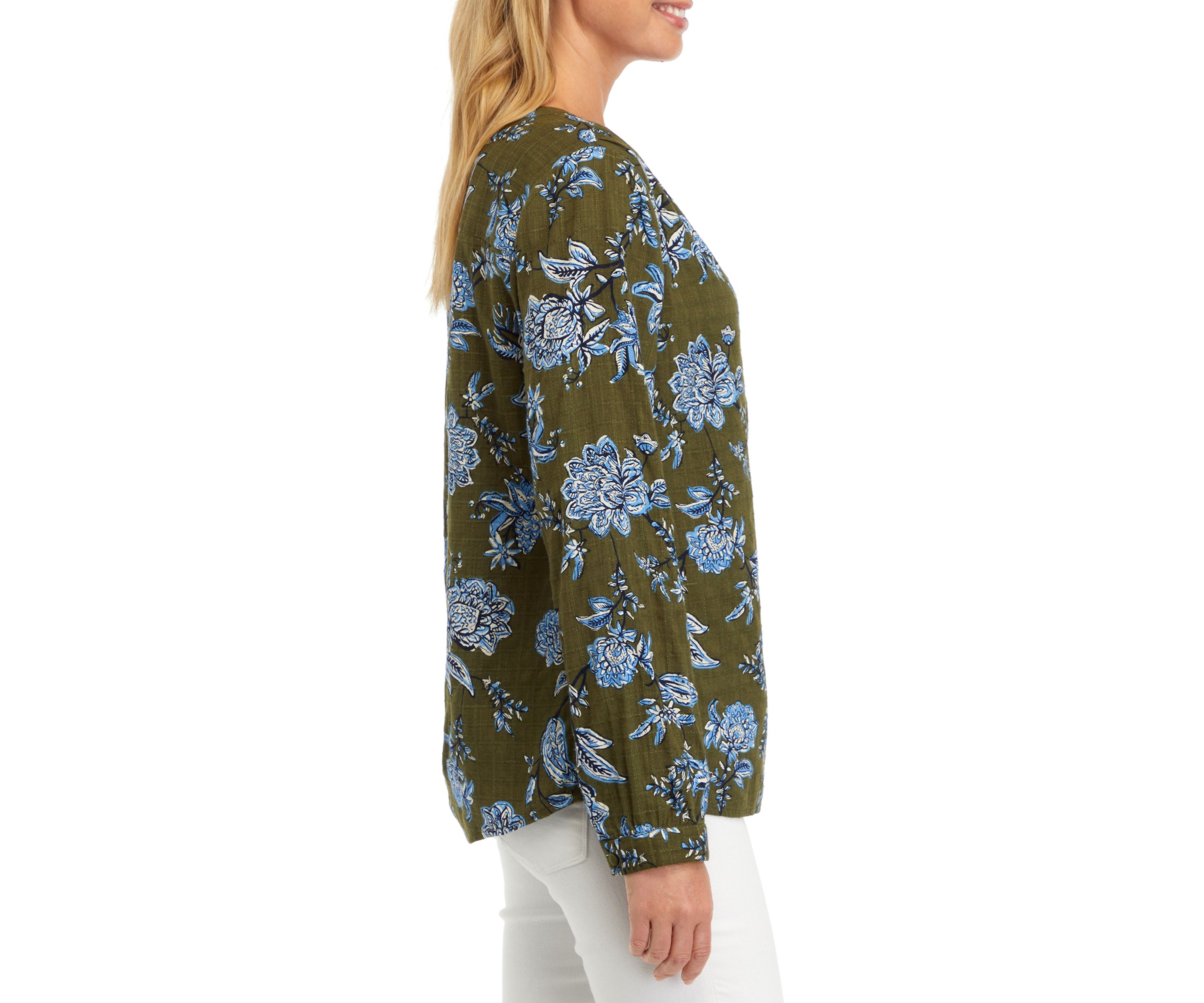 Womens Textured Printed Peasant Top