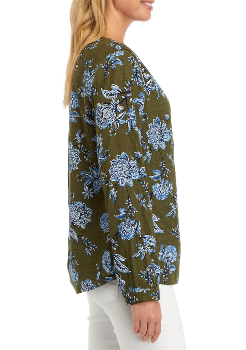 Womens Textured Printed Peasant Top