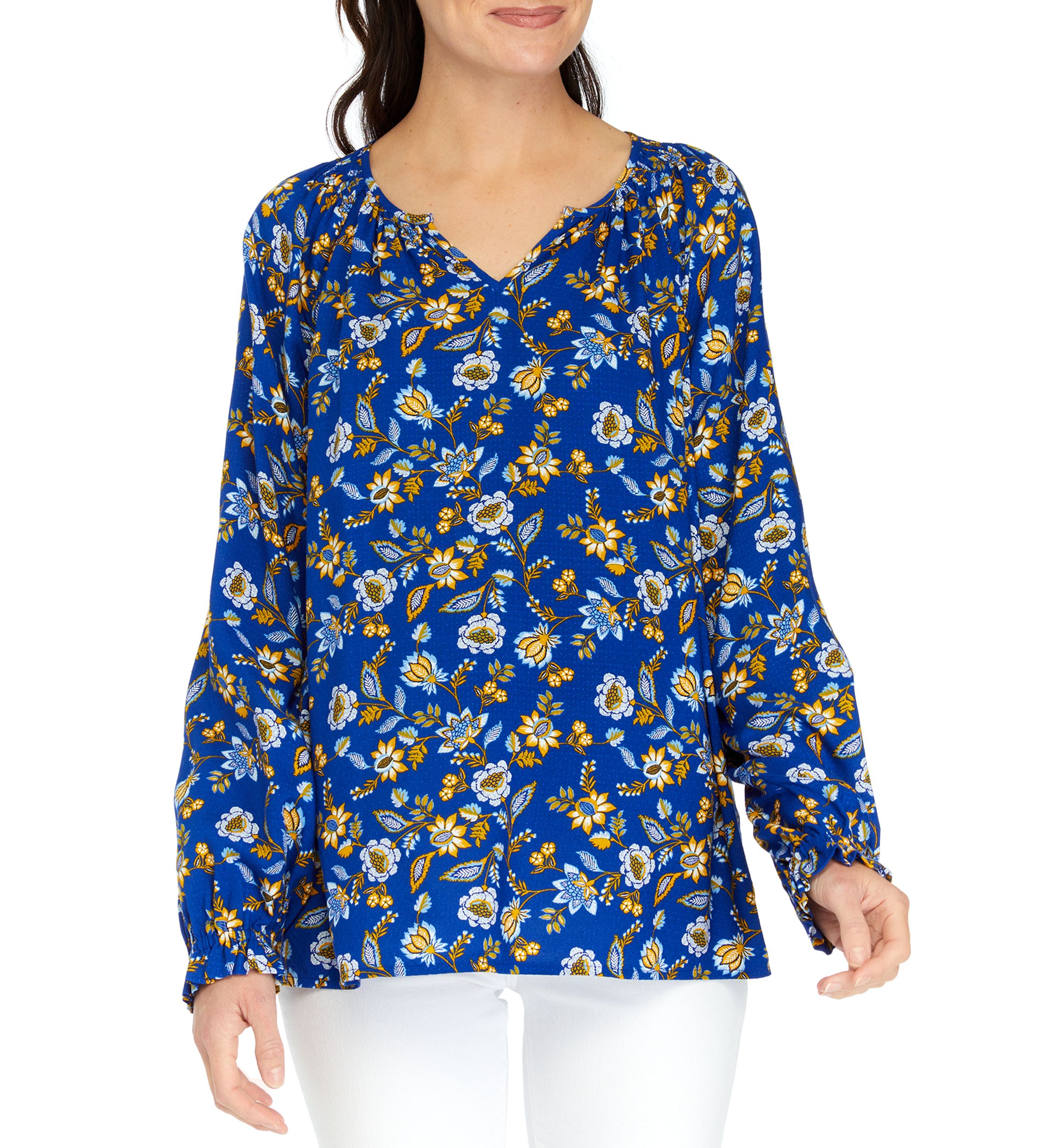 Womens Printed Smocked Shoulder Peasant Top