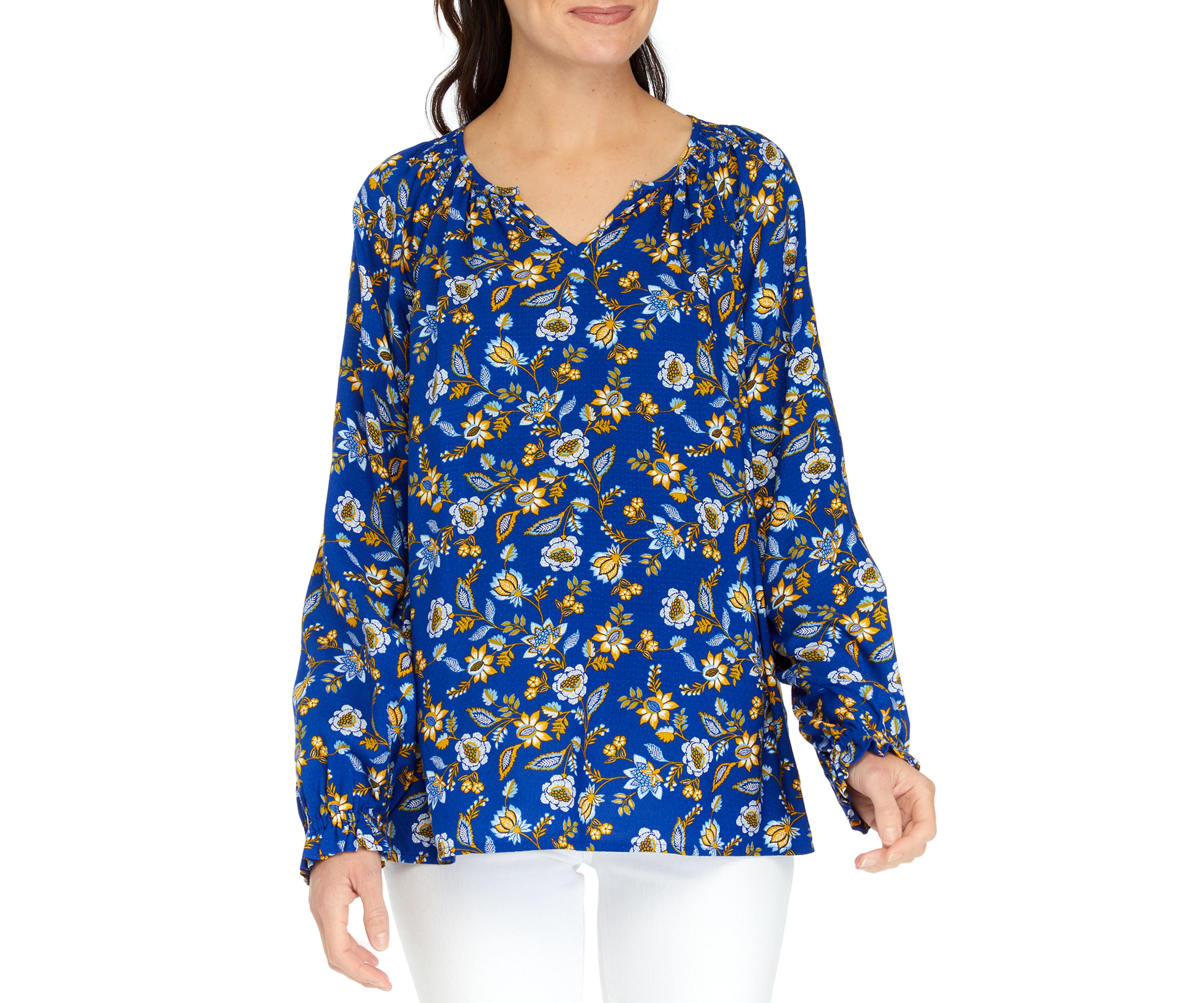 Womens Printed Smocked Shoulder Peasant Top