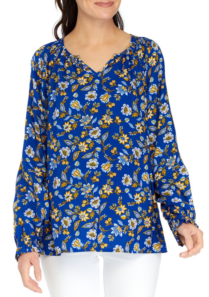 Womens Printed Smocked Shoulder Peasant Top