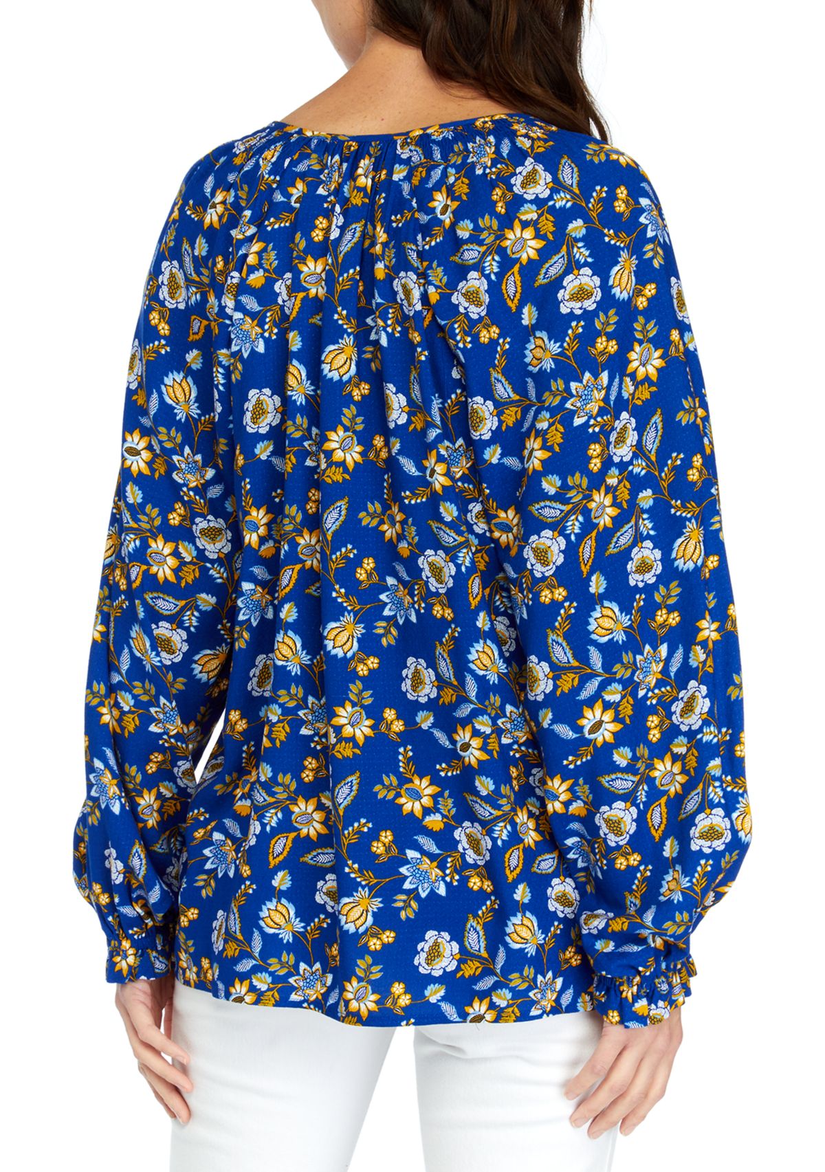 Womens Printed Smocked Shoulder Peasant Top