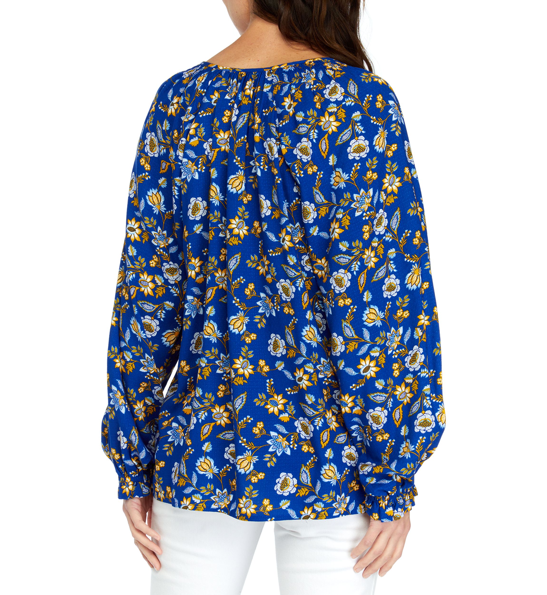 Womens Printed Smocked Shoulder Peasant Top
