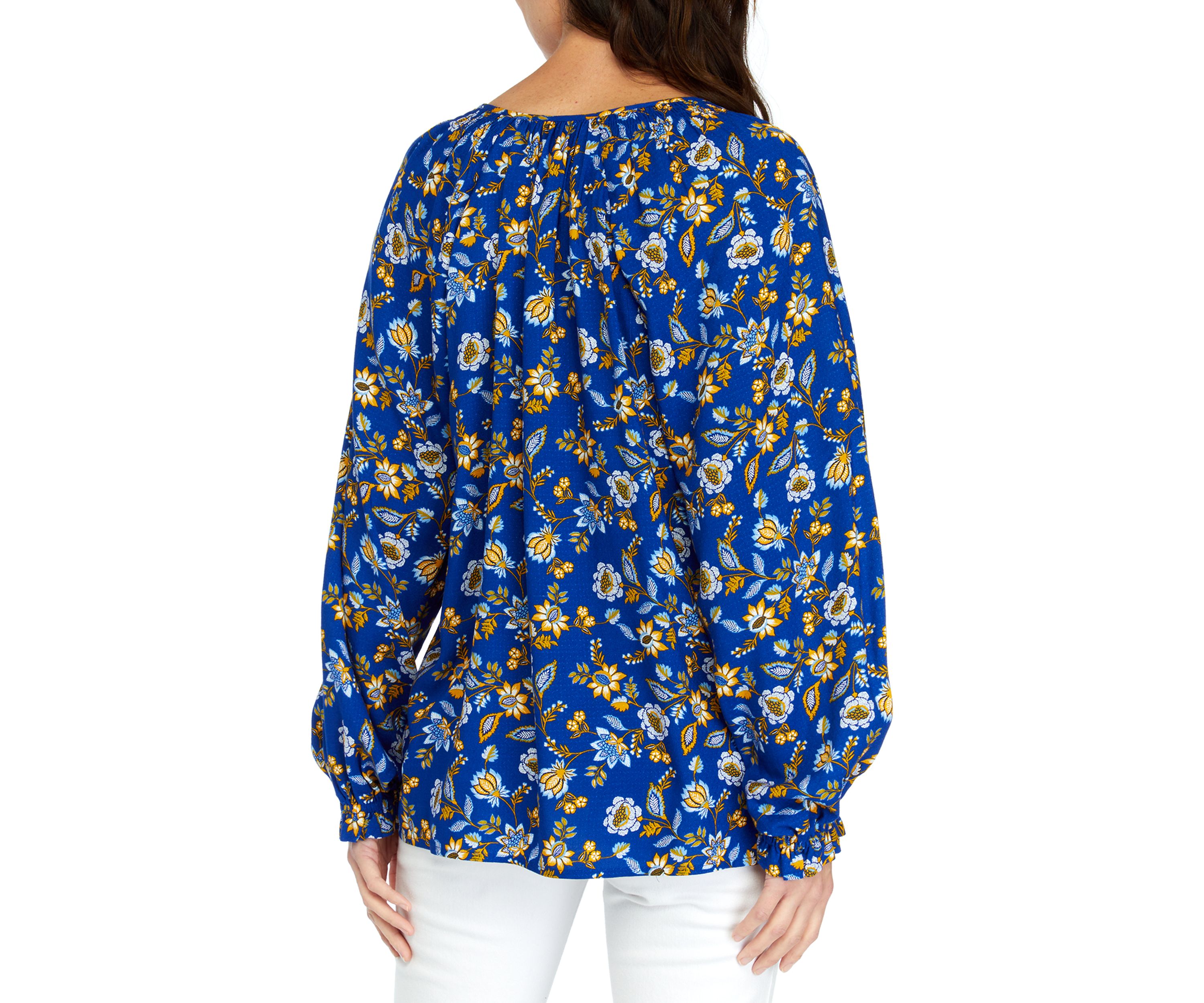 Womens Printed Smocked Shoulder Peasant Top