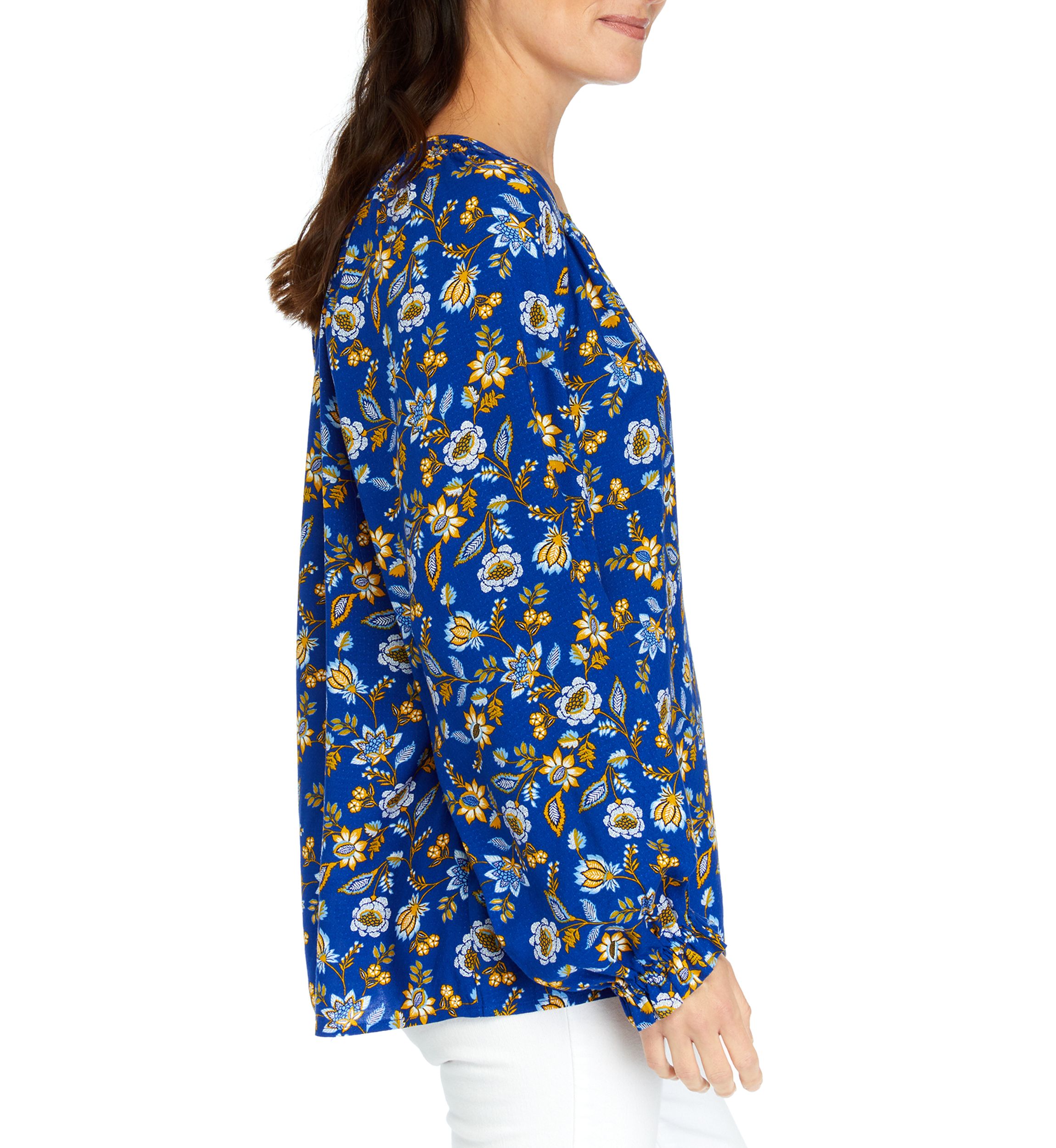 Womens Printed Smocked Shoulder Peasant Top