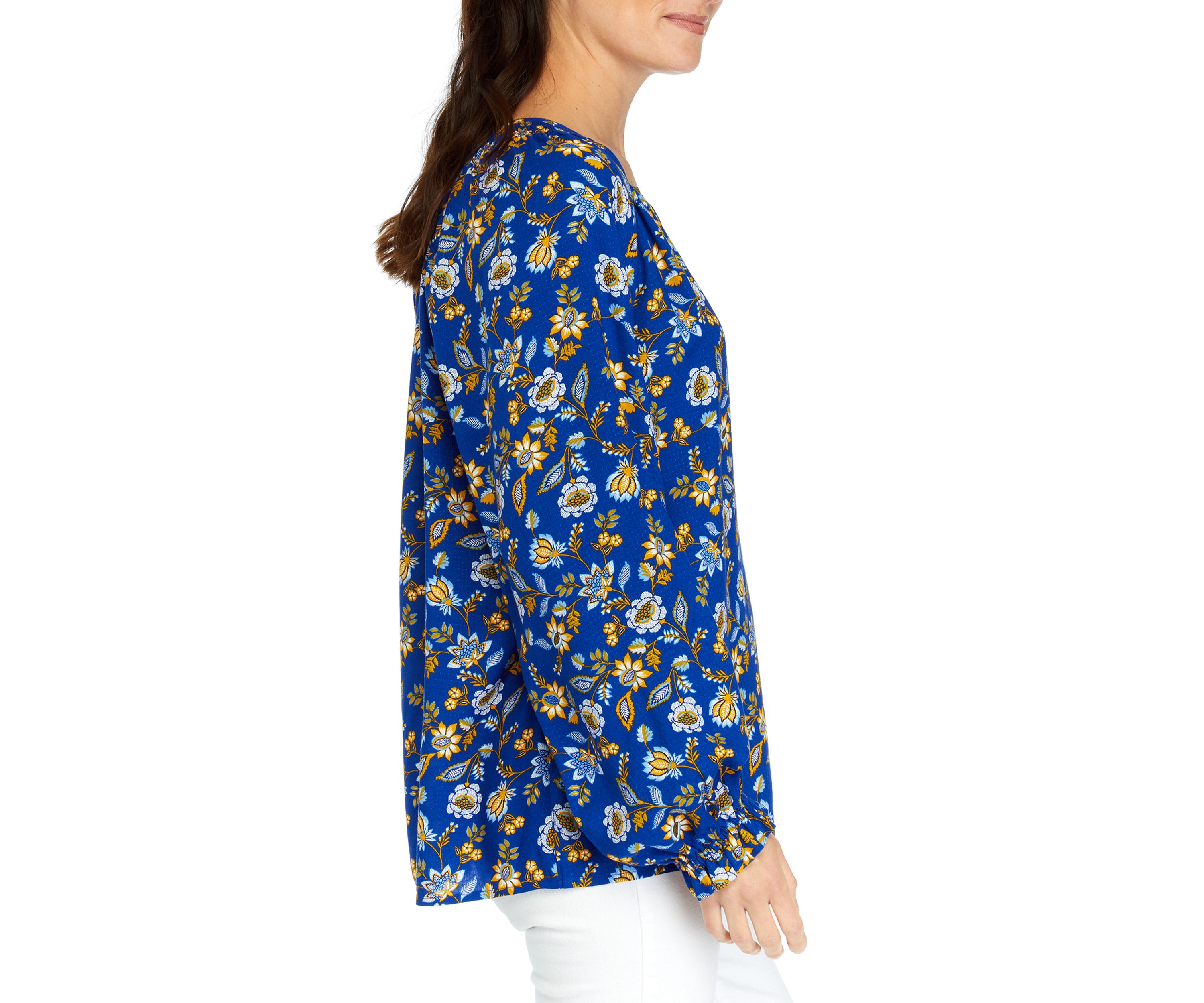 Womens Printed Smocked Shoulder Peasant Top