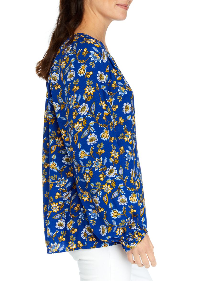 Womens Printed Smocked Shoulder Peasant Top