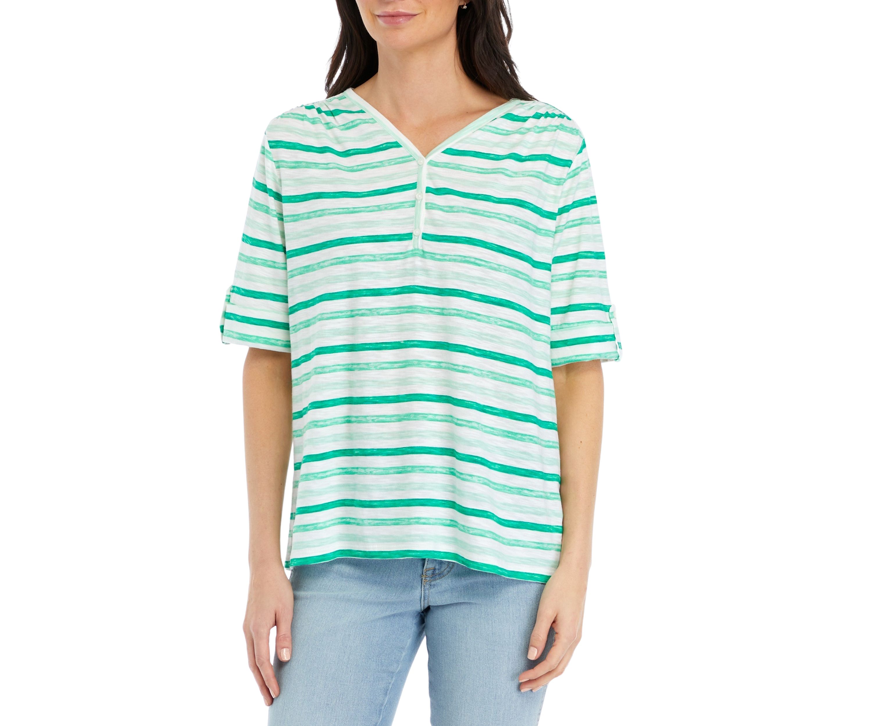 Womens Elbow Sleeve Slub Henley Striped Shirt