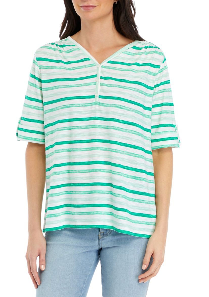 Womens Elbow Sleeve Slub Henley Striped Shirt
