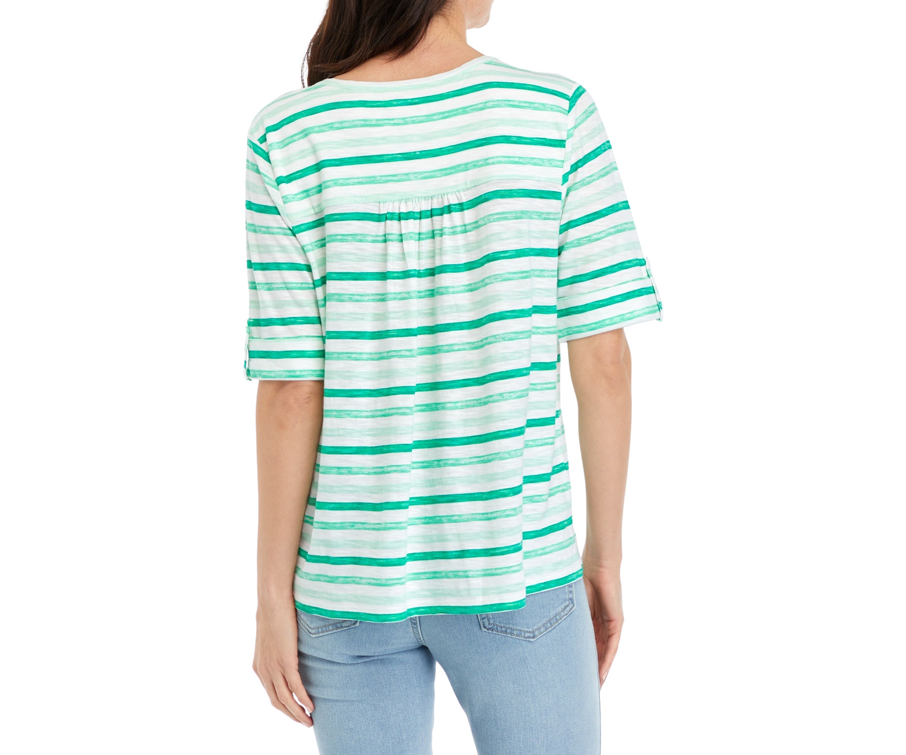 Womens Elbow Sleeve Slub Henley Striped Shirt