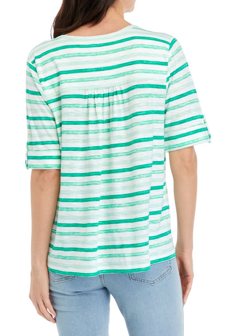 Womens Elbow Sleeve Slub Henley Striped Shirt