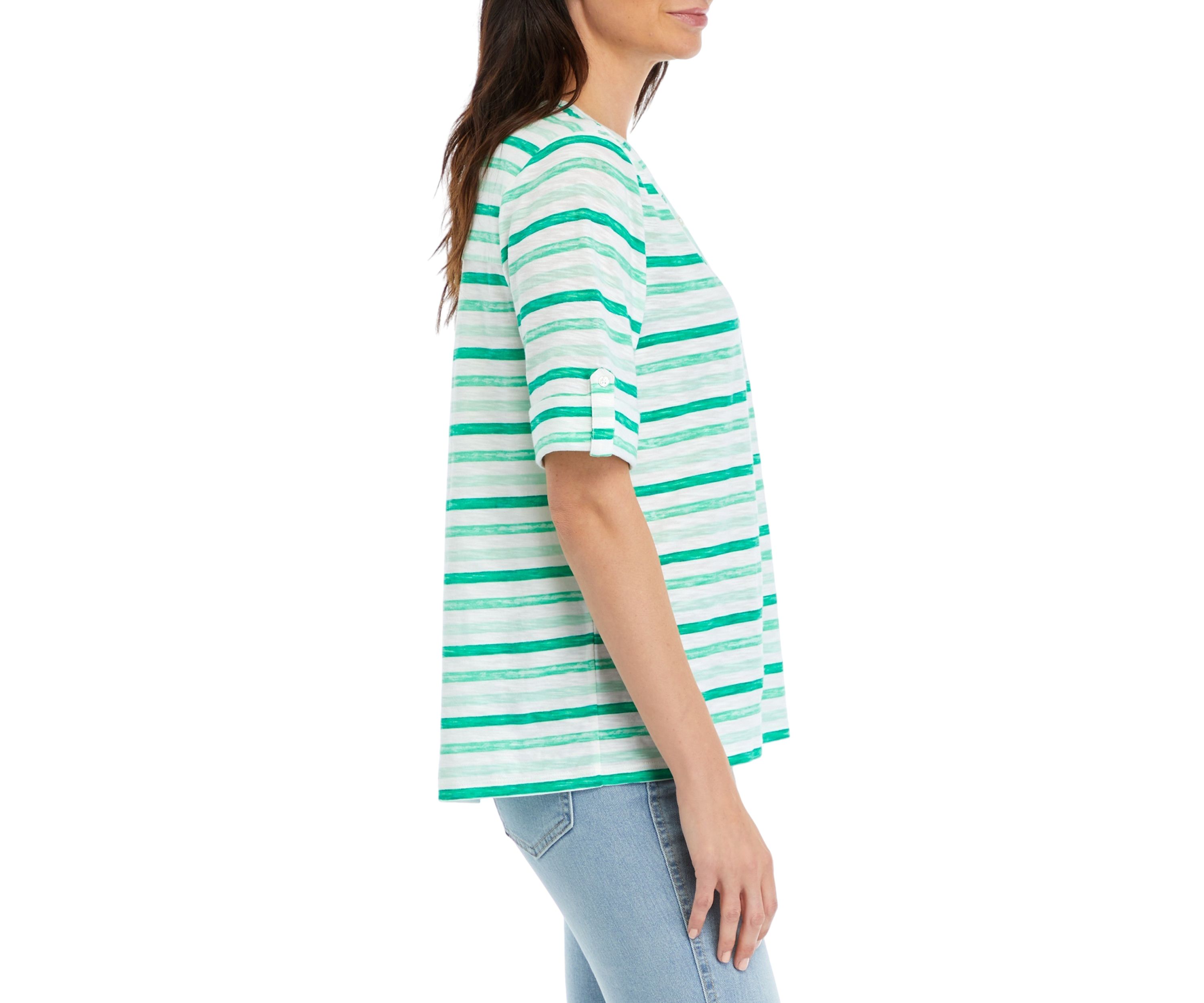 Womens Elbow Sleeve Slub Henley Striped Shirt