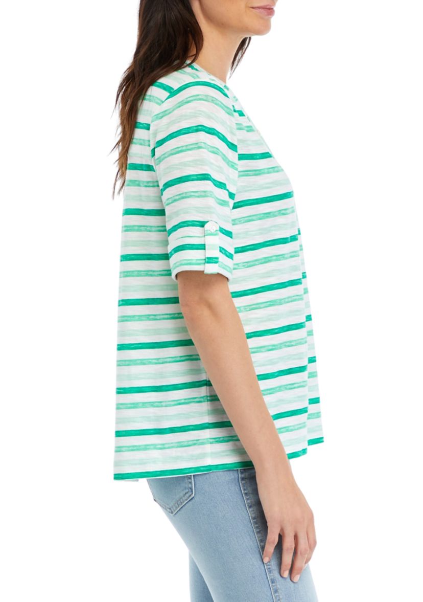 Womens Elbow Sleeve Slub Henley Striped Shirt