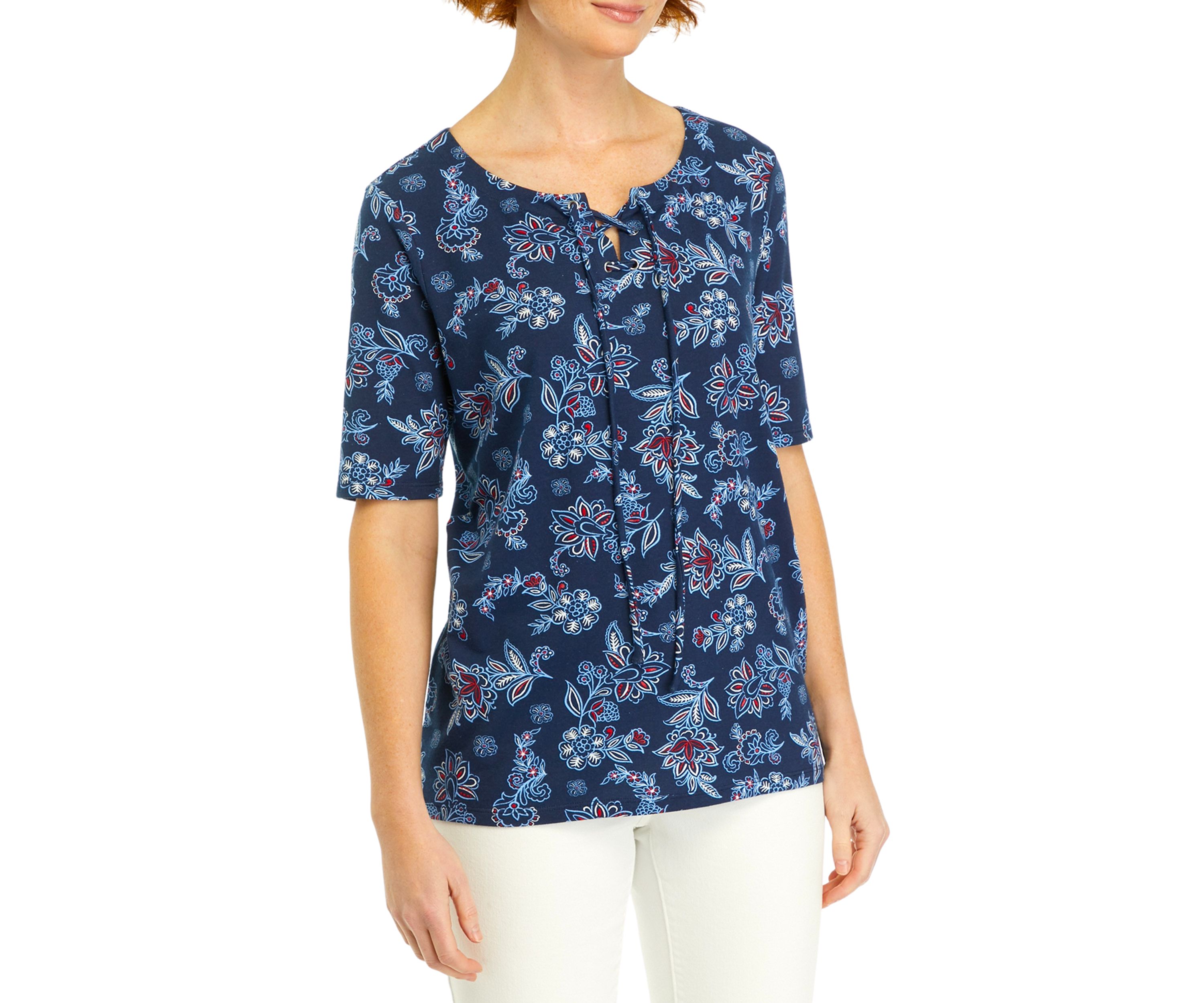 Womens Printed Tie Neck Top