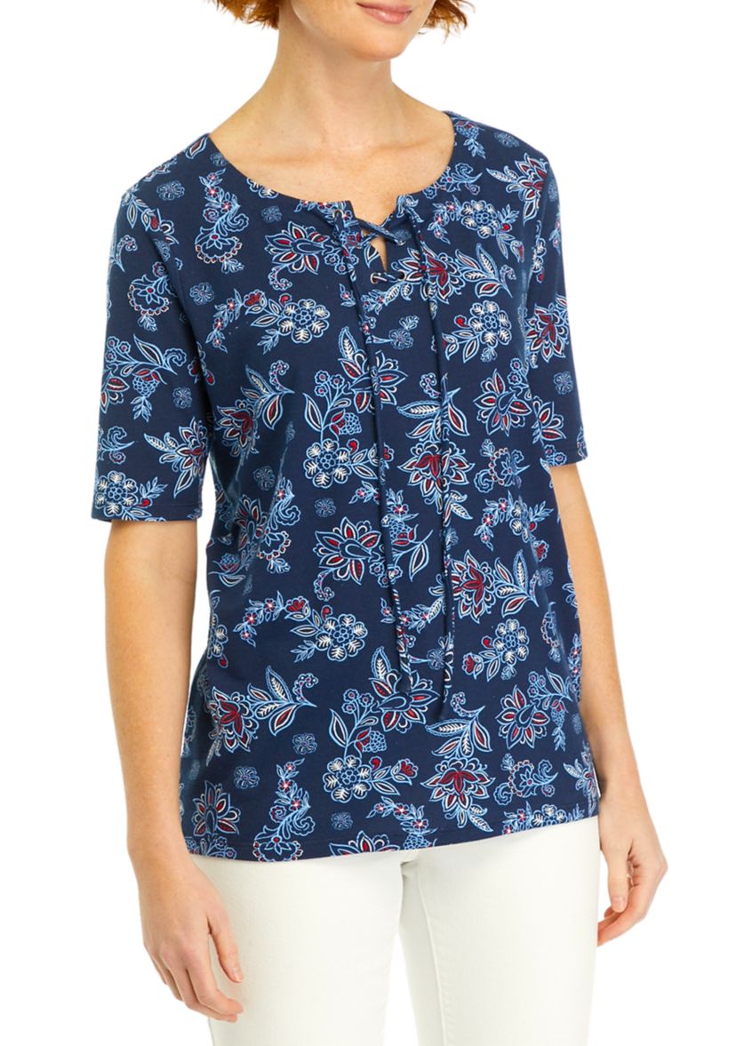 Womens Printed Tie Neck Top
