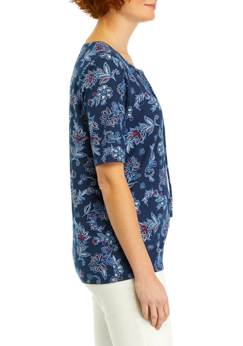 Womens Printed Tie Neck Top