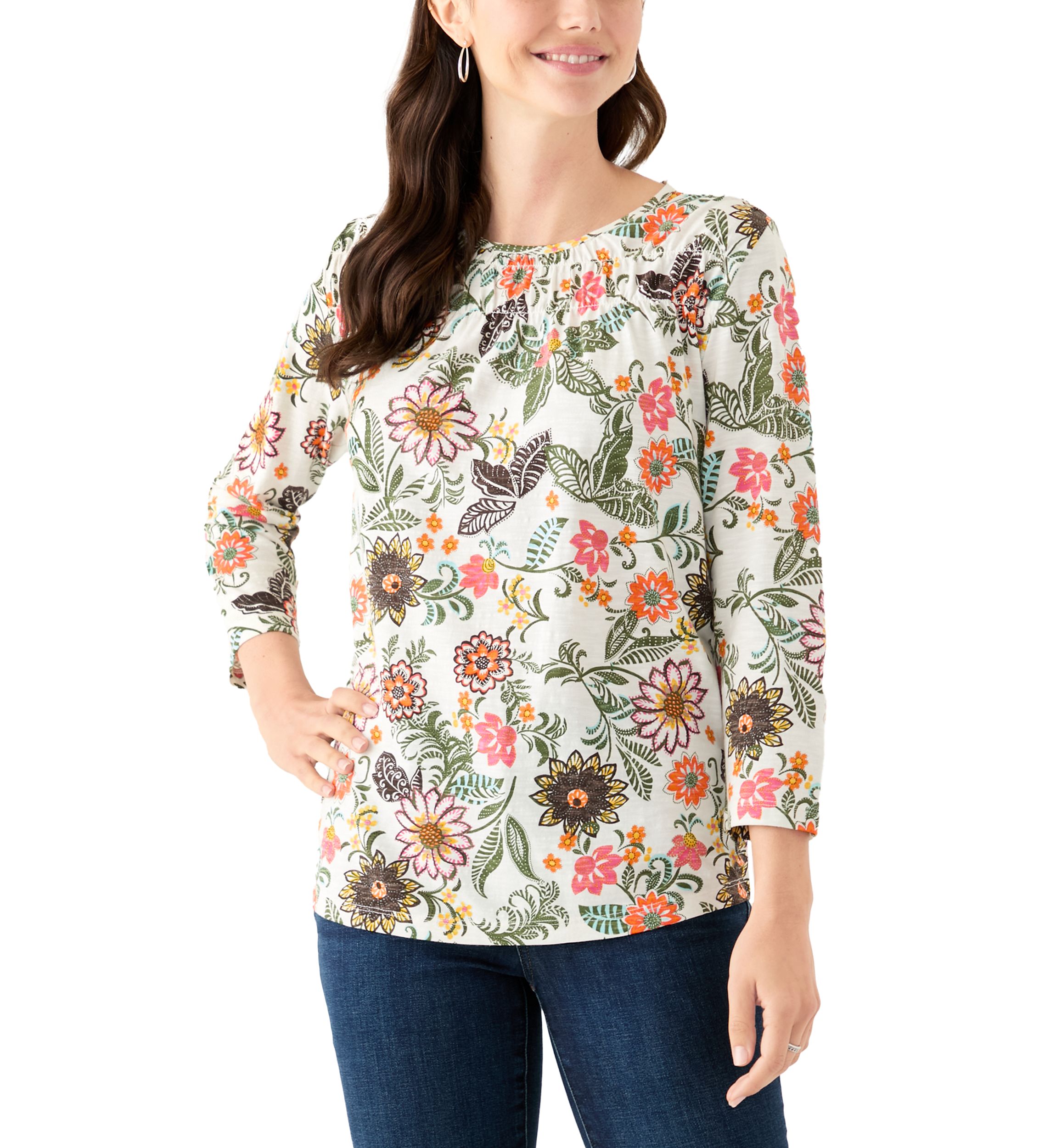 Womens 3/4 Puff Sleeve Smocked T-Shirt