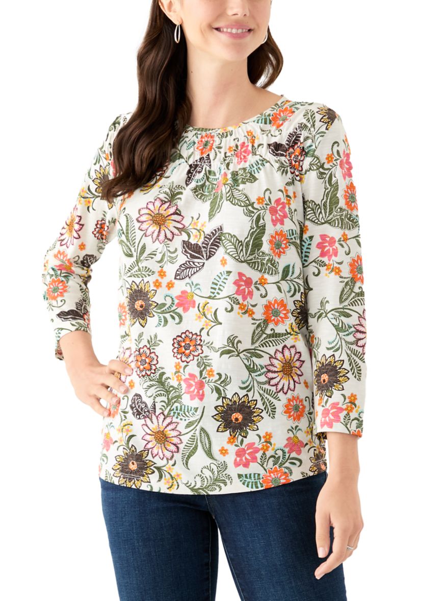 Womens 3/4 Puff Sleeve Smocked T-Shirt