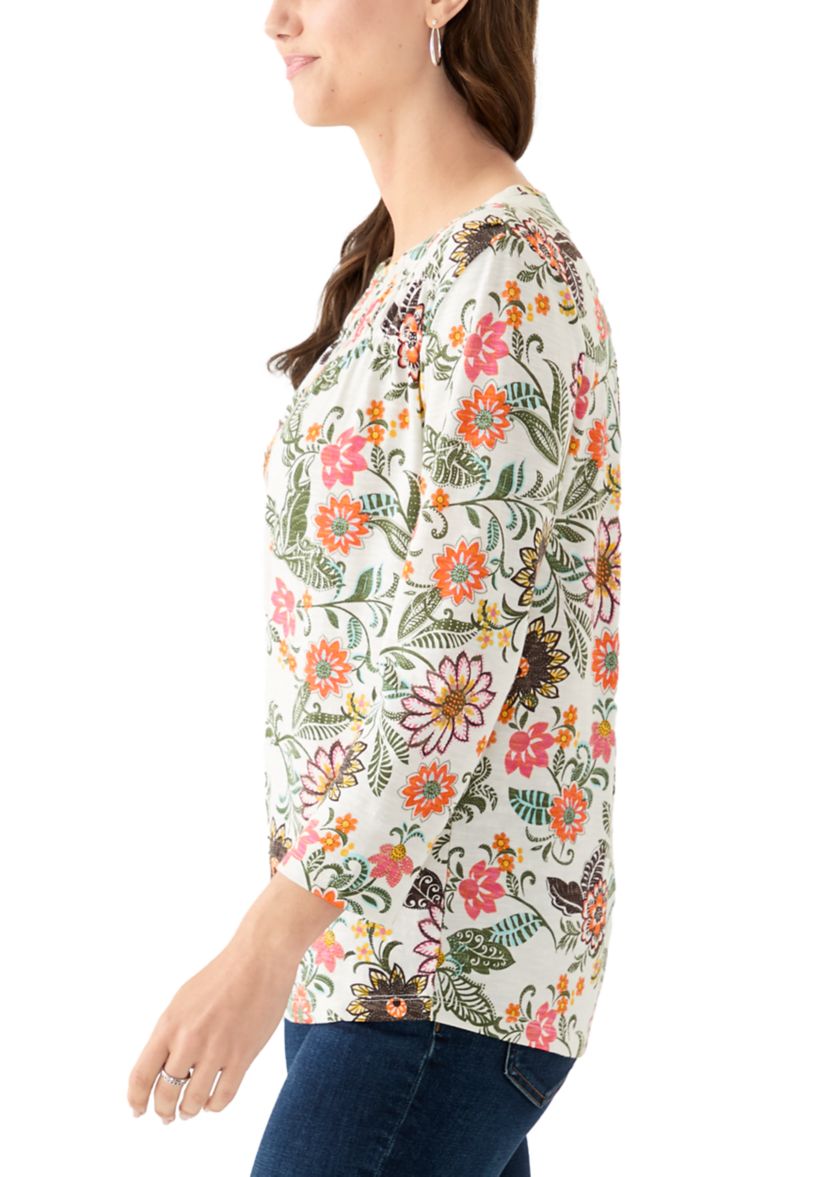 Womens 3/4 Puff Sleeve Smocked T-Shirt