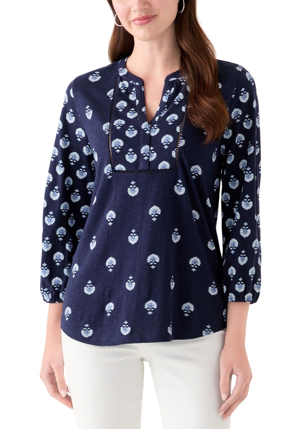 Womens 3/4 Sleeve Printed Top with Trim