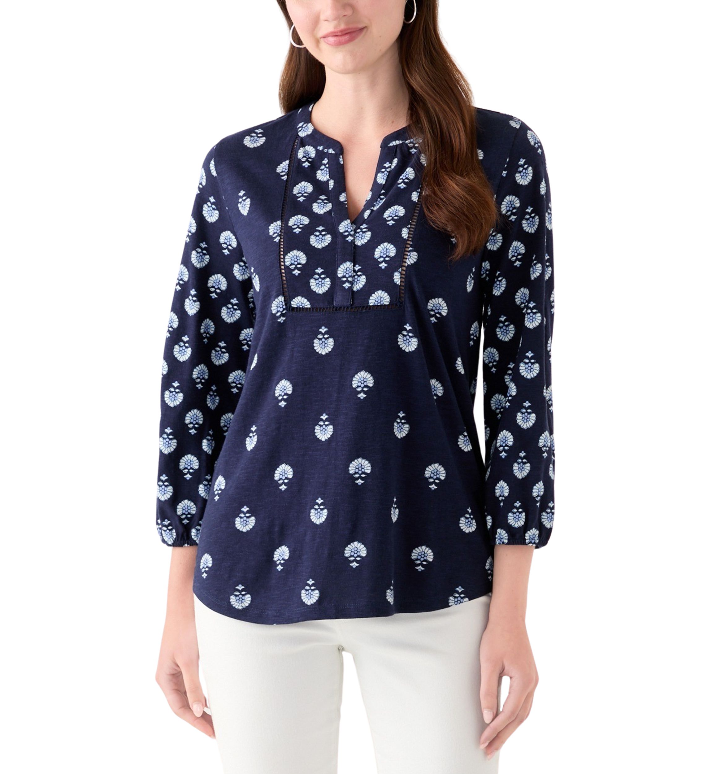 Womens 3/4 Sleeve Printed Top with Trim
