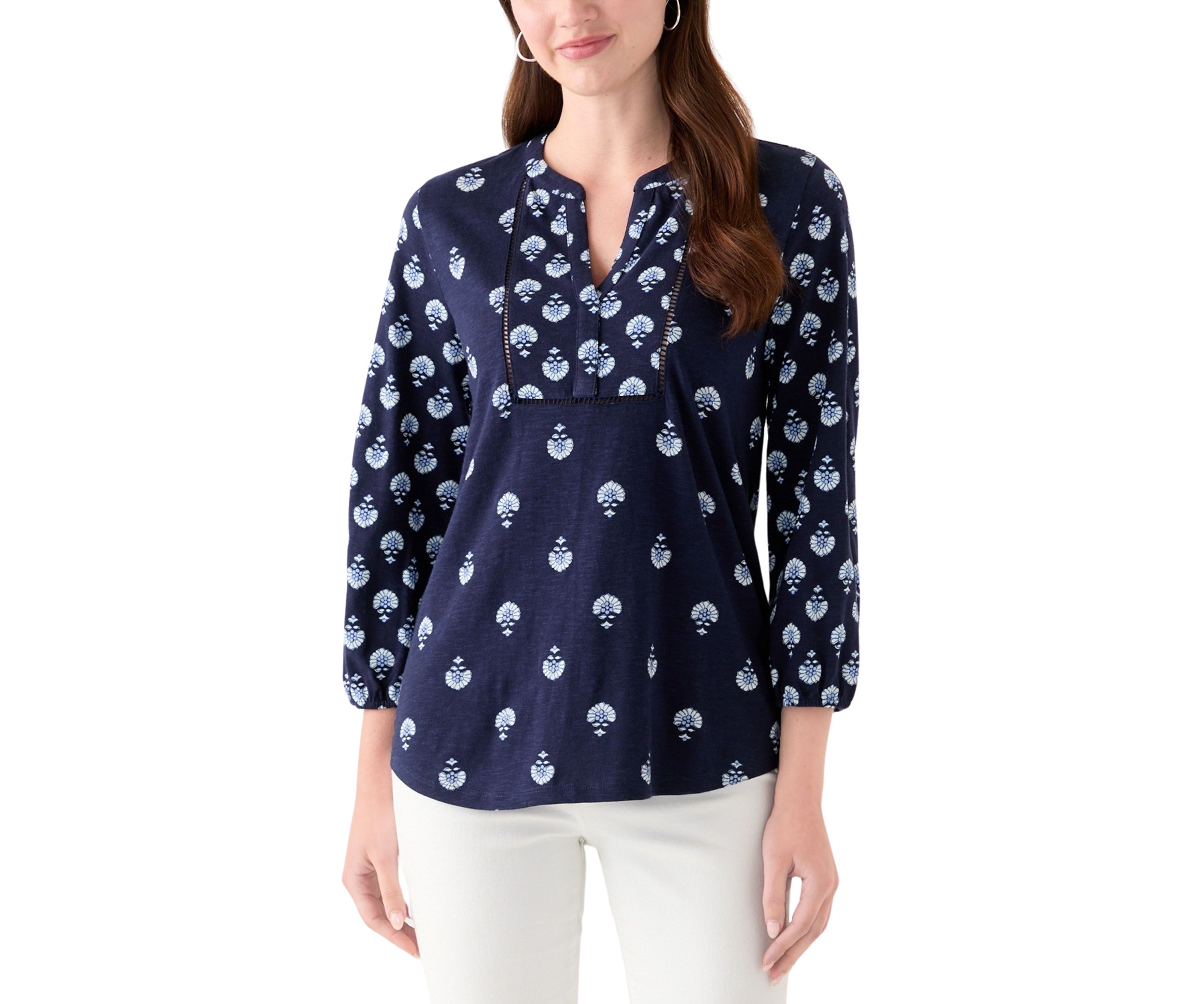 Womens 3/4 Sleeve Printed Top with Trim