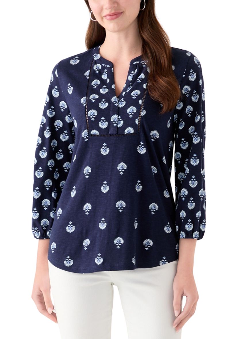 Womens 3/4 Sleeve Printed Top with Trim