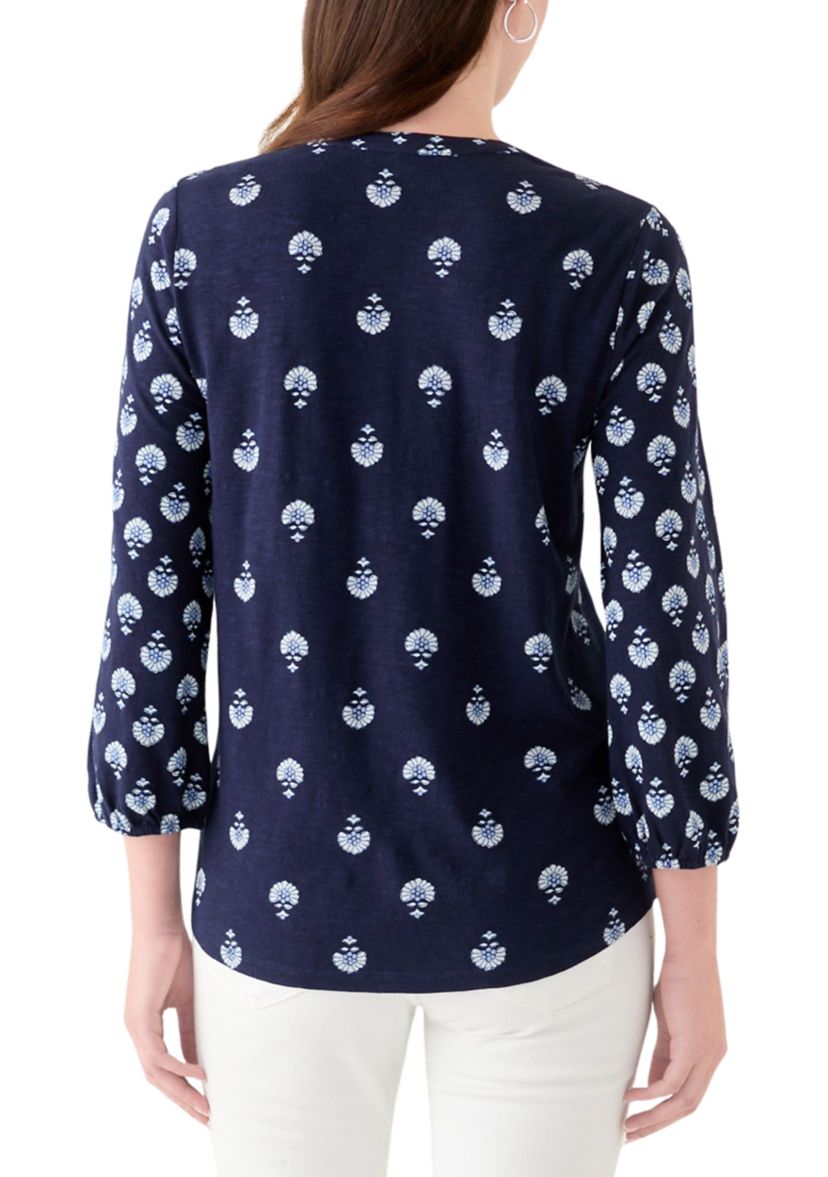 Womens 3/4 Sleeve Printed Top with Trim