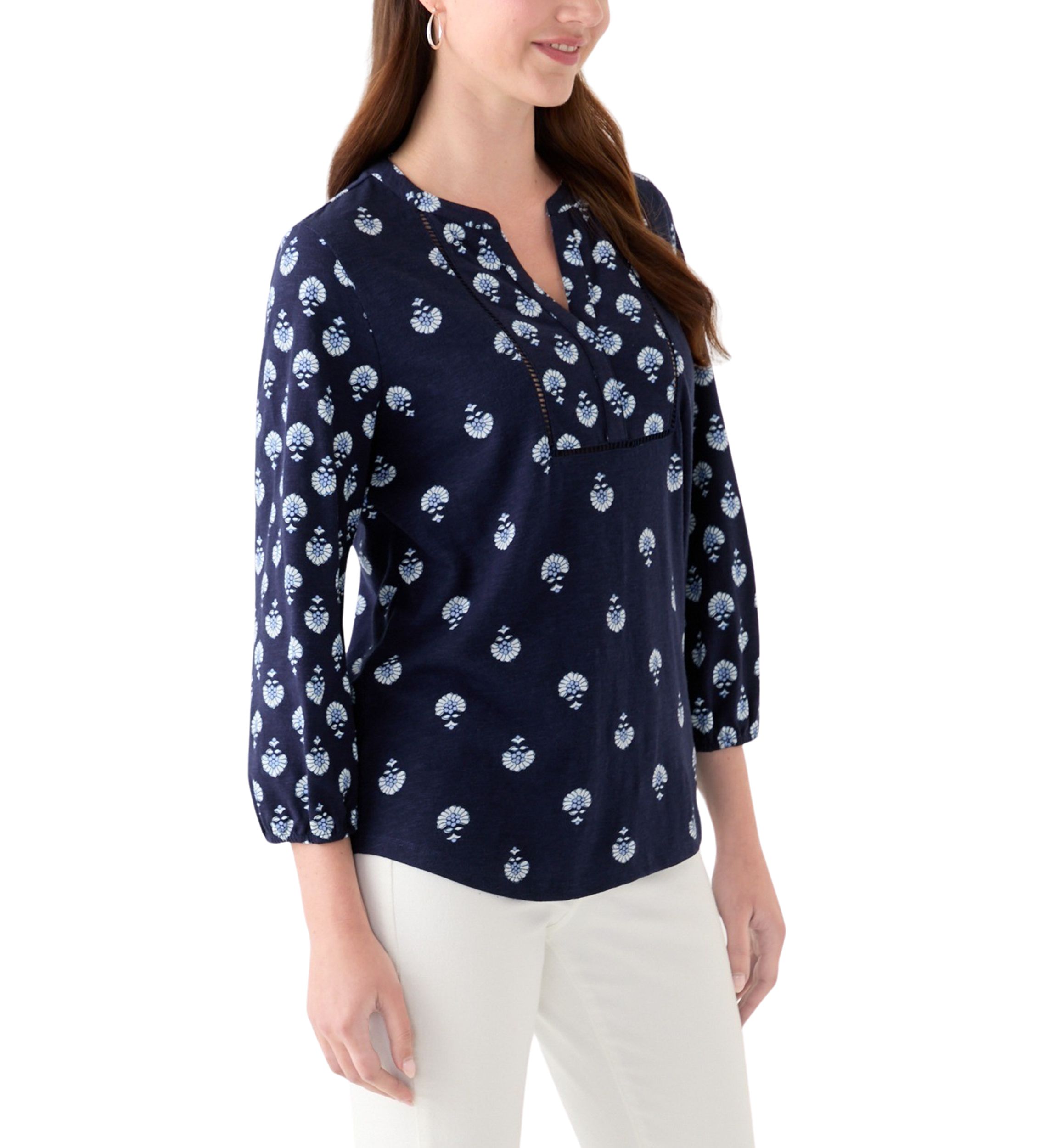 Womens 3/4 Sleeve Printed Top with Trim