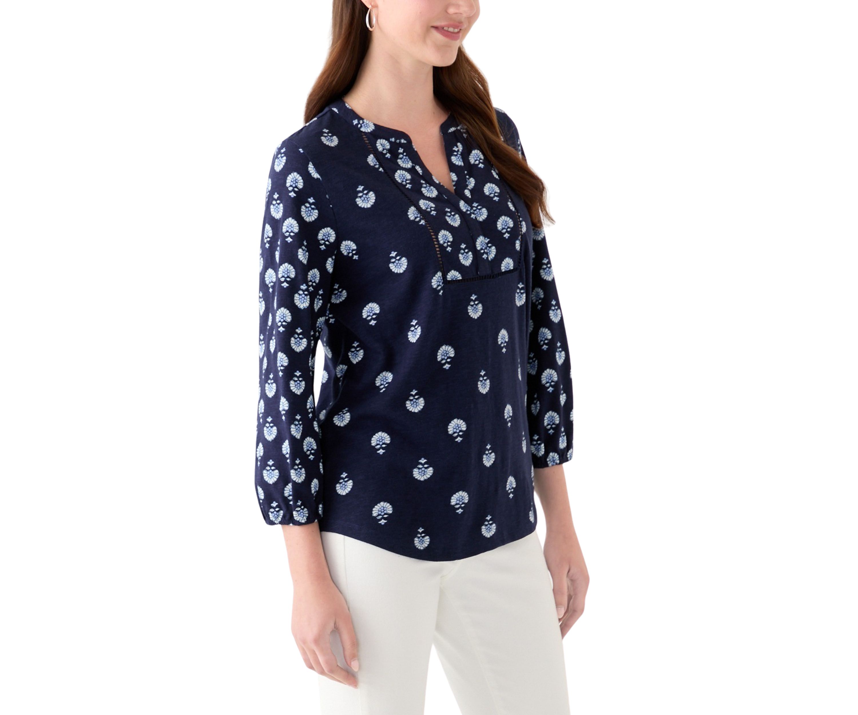 Womens 3/4 Sleeve Printed Top with Trim