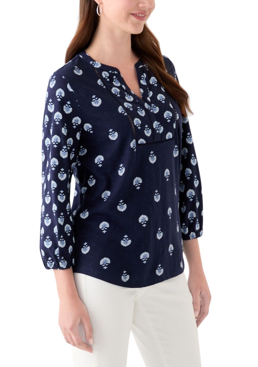 Womens 3/4 Sleeve Printed Top with Trim