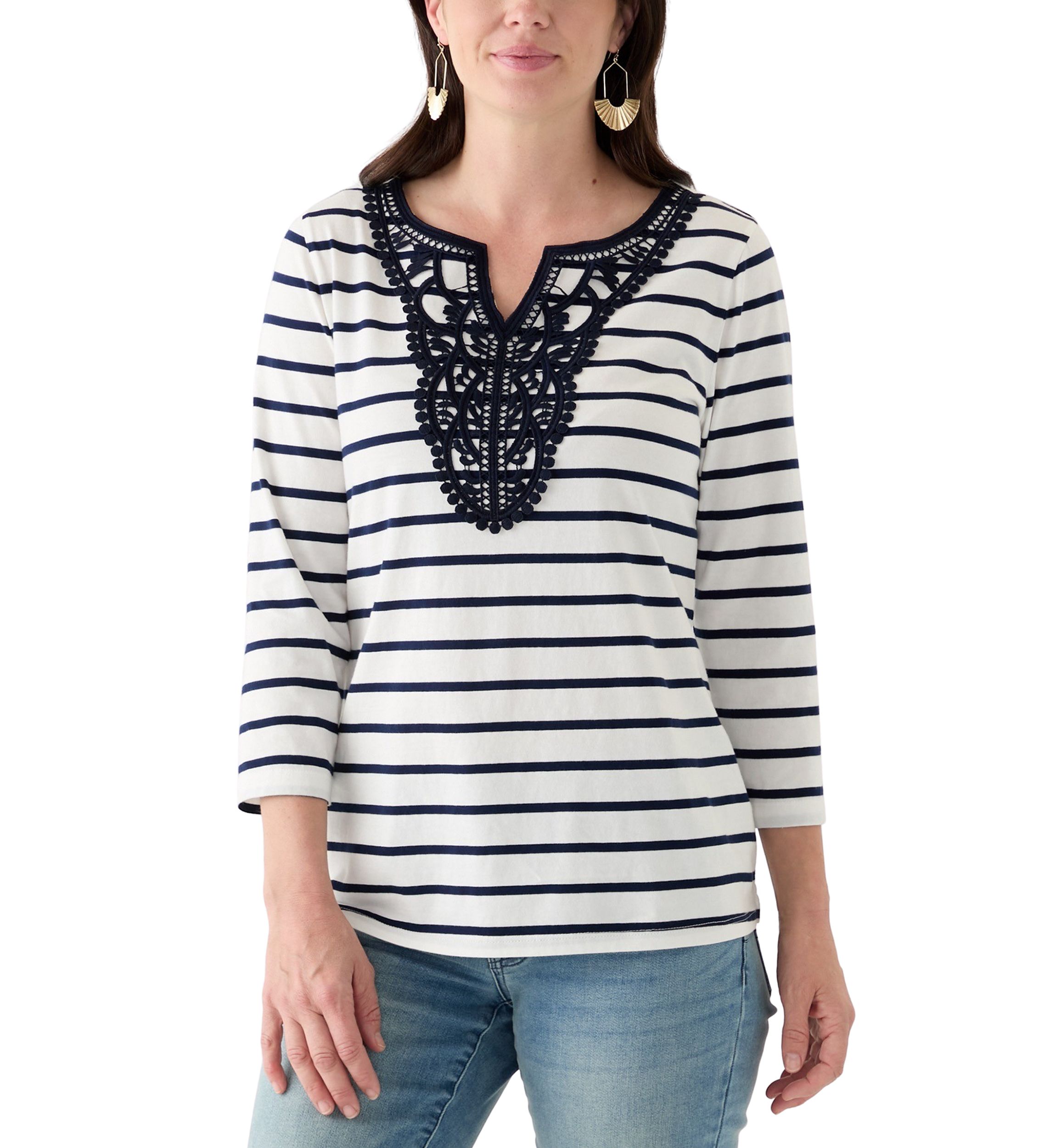 Womens 3/4 Sleeve Split Neck Top with Crochet Yoke