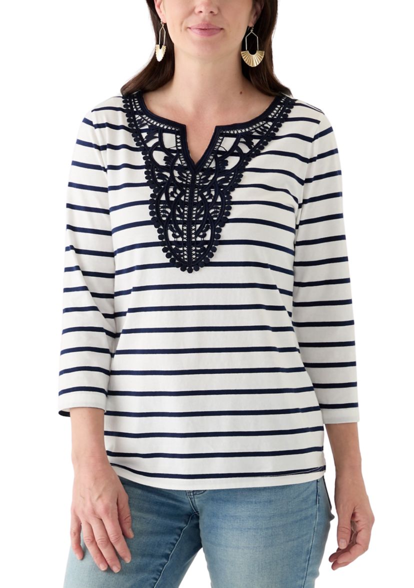 Womens 3/4 Sleeve Split Neck Top with Crochet Yoke